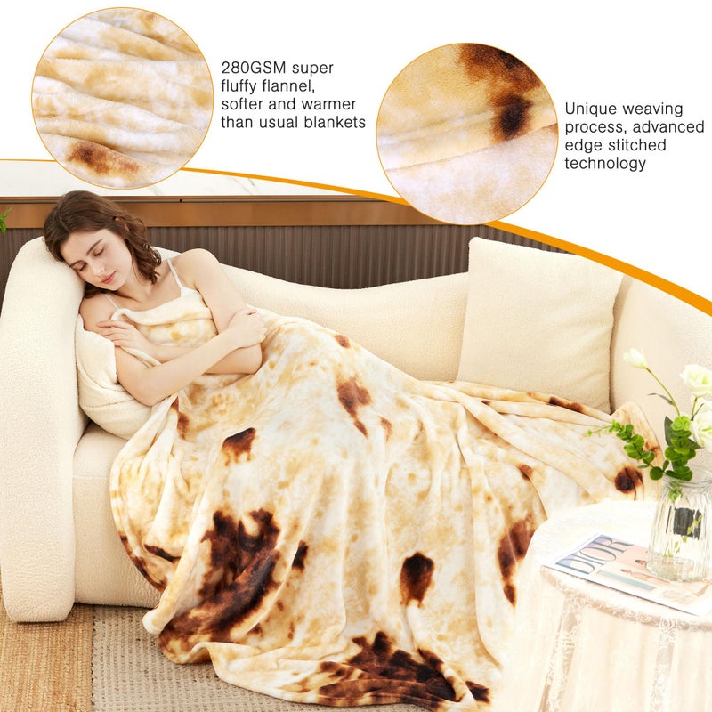 LetsFunny Burrito Tortilla Throw Blanket, Double Sided Burritos Taco Tortilla Wrap Blankets, Funny Realistic Flannel Food Round Blankets, Funny Gifts for Kids Newborn Toddler Dog Cat Baby Shower 47in - Image 3